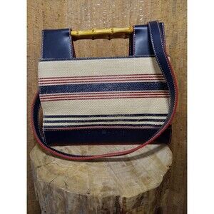 Tommy Hilfiger Woven Straw Handbag Crossbody Purse Navy Red Bamboo Handles